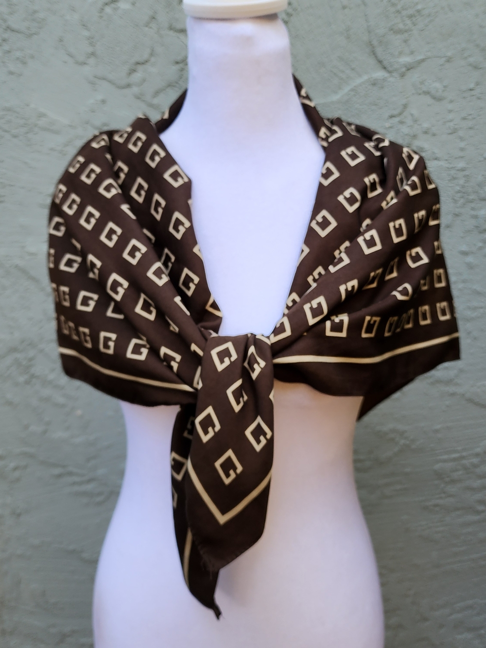 Vintage Givenchy-esque Brown Cream Monogram Geo. Silk Square Scarf